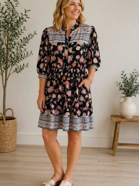 Umgee Black Floral Midi Dress with Pink and Peach Blooms